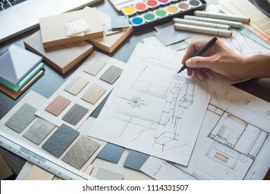 Architect Designer Interior Creative Working Hand Drawing Sketch Plan Blue Print Selection Material Color Samples Art Tools Design Studio