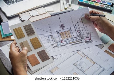 Architect Designer Interior Creative Working Hand Drawing Sketch Plan Blue Print Selection Material Color Samples Art Tools Design Studio