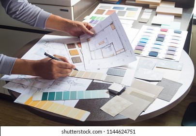 Architect Designer Interior Creative Working Hand Drawing Sketch Plan Blue Print Selection Material Color Samples Art Tools Design Studio