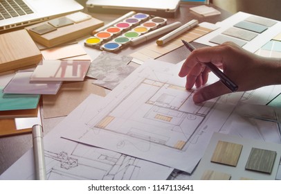 Architect Designer Interior Creative Working Hand Drawing Sketch Plan Blue Print Selection Material Color Samples Art Tools Design Studio