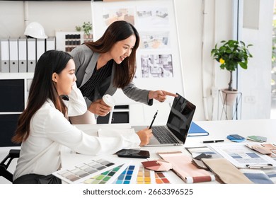 Architect designer Interior creative working drawing sketch plan  selection material color samples art tools Design Studio.Photo concept of work on technical drawings.material sample on creative desk.