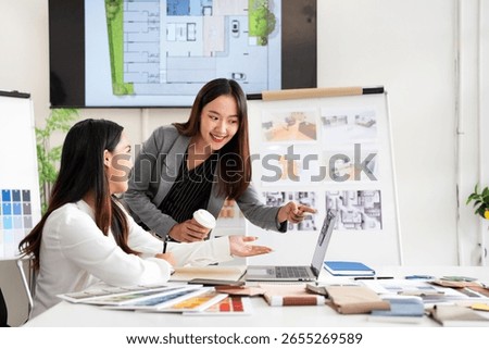 Architect designer Interior creative working drawing sketch plan  selection material color samples art tools Design Studio.Photo concept of work on technical drawings.material sample on creative desk.
