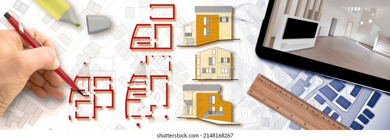 Architect Designs A New Residential Building With Floor Plans And Elevations Over An Imaginary City Map - Concept Image With 3D Rendering Of A Digital Tablet And Interior Rendering.