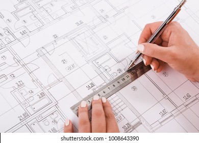 Architect Drawing Architectural Project Closeup. Unrecognizable Designer Hands Working With Building Blueprint, Copy Space