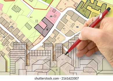 Architect Drawing Buildings Over An Imaginary Cadastral Map Of Territory And General Urban Plan With Indications Of Urban Destinations With Buildings, Roads, Buildable Areas And Land Plot 