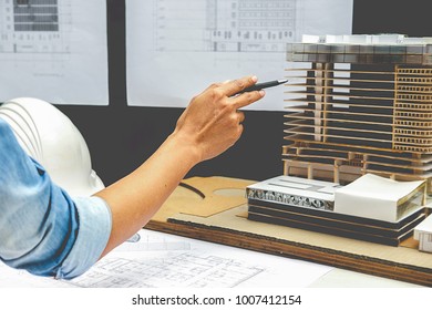 Architect Engineer Design Working on Blueprint Planning Concept. Construction Concept