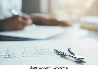 Architect Engineer Design Working on Blueprint Planning Concept. Construction Concept