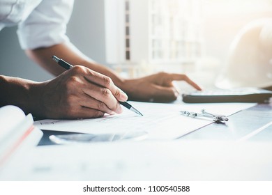 Architect Engineer Design Working on Blueprint Planning Concept. Construction Concept