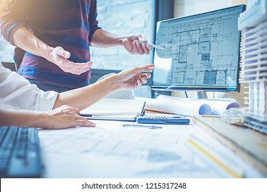 Architect Engineer Design Working on Blueprint Planning Concept. Construction Concept
