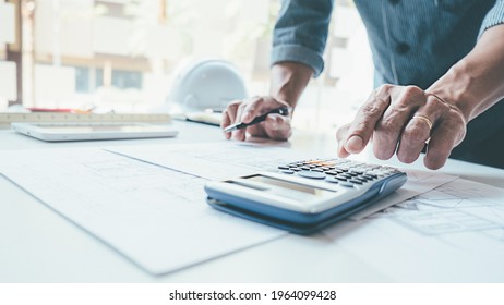 Architect Engineer Design Working on Blueprint Planning Concept. Construction Concept