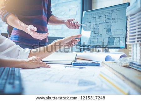 Architect Engineer Design Working on Blueprint Planning Concept. Construction Concept