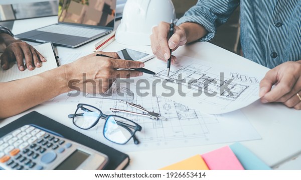 Architect Engineer Design Working on Blueprint\
Planning Concept. Construction\
Concept