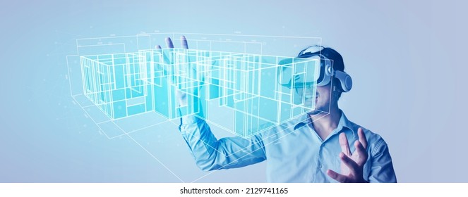 Architect Or Engineer Designer Wearing VR Headset For BIM Technology Working Design 3D House Model. Augmented Reality Technology. Architect Working With Metaverse Technology Concept.