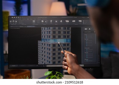 Architect Engineer Pointing At Architectural Building Prototype Analyzing Construction Model On Computer. Businessman Designer Working Remote From Home At Real Estate Project Modeling Sketch