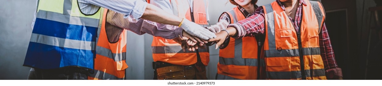 Architect and Engineer team to join hands together, accept agree cooperation and success concept, banner cover design. - Shutterstock ID 2140979373