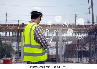 Architect Or Engineer Using Laptop On Construction Site For Project Building And Engineering Icons Desing, Construction Concept.