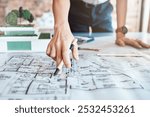 Architect, hand and blueprint on paper in office with property design, planning and pencil for review. Person, drawing and sketch with document, engineering and floor plan in workplace closeup