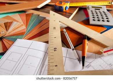 Architect Interior Designer Or Carpenter Workplace With Desk Design Tools