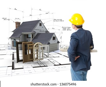 Architect Looking At A House On Blueprints With A Choice Of Windows And Doors