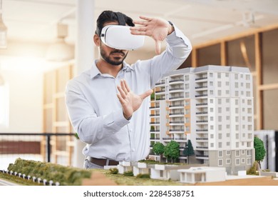 Architect, man and virtual reality architecture model, construction and building with future technology and UX. VR goggles, design and engineering, metaverse and simulation of property development - Powered by Shutterstock