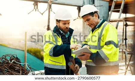 Architect, men or talk with tablet for construction planning, renovation project or digital blueprint. Architecture, worker or team with tech outdoor for site safety, code compliance or zoning permit