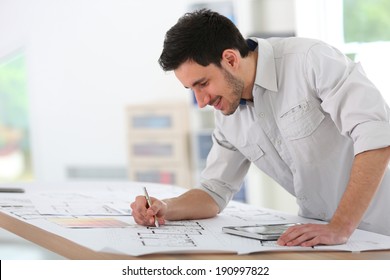 Architect In Office Drawing Construction Blueprint