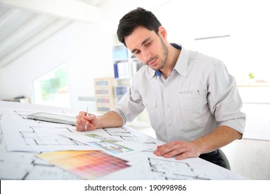 Architect In Office Drawing Construction Blueprint