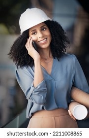 Architect, Phone Call And Black Woman Talking On Smartphone, Holding Blueprint With Smile Outside Construction, Architecture And Engineering Industry. Happy African Female Worker Talking To Contact