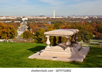 Architect Pierre L'Enfant's gravestone at Arlington National Cemetery on a hillside overlooking the city of Washington, DC which he designed