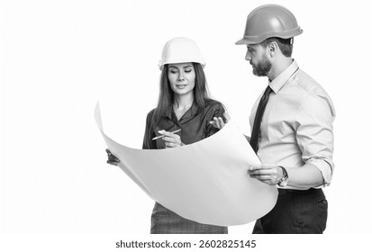 Architect planning work. Chief engineer and architect in hardhat isolated. Safety business. Data protection. Supervisor engineer with blueprint. Plan construction project. New ideas about project