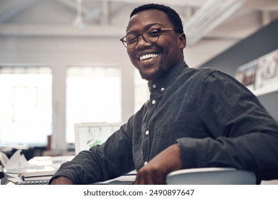 Architect, portrait and black man in office with glasses for vision, planning or property development. Business, online and contractor with laptop for real estate, review or construction project - Powered by Shutterstock