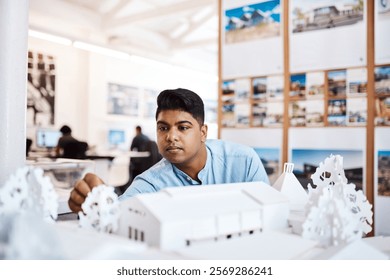 Architect, project thinking and 3D model for home interior design, blueprint or diorama proposal. Businessman, entrepreneur and engineering with contractor, technician and floor plan draft for office