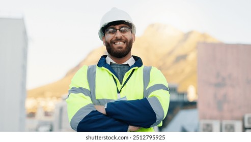 Architect, rooftop and man portrait with architecture and urban planning with arms crossed outdoor. Project contractor, civil engineering and smile in city with quality assurance work in Brazil - Powered by Shutterstock