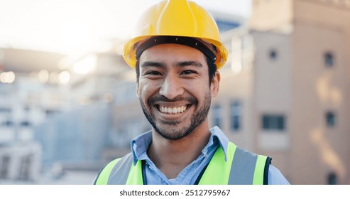 Architect, rooftop and man portrait with architecture and urban planning with success and project outdoor. Contractor, civil engineering and smile in city with quality assurance on site in Shanghai - Powered by Shutterstock