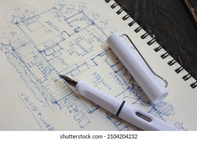 Architect, sketch, house plan with fountain pen