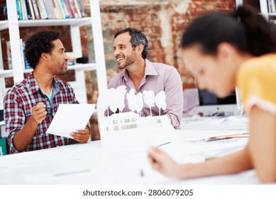 Architect, teamwork and men with 3D model in office, brainstorming and real estate design in meeting. Architecture, designer and people with prototype, collaboration and property development ideas