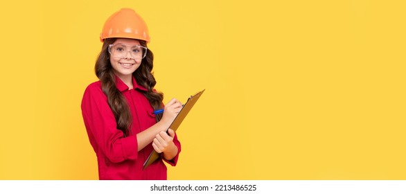 Architect Teenager Girl. Reporting Concept. Making Notes. Child Wear Eyeglasses And Helmet. Protection. Make Notes In Folder. Child Builder In Helmet Horizontal Poster Design.