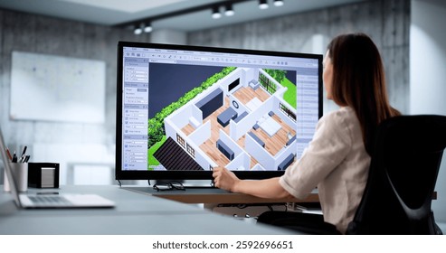 Architect using 3D software analyzing house floor plan for renovation.