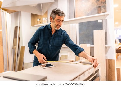 Architect using measuring tape while working in a home improvement store with ceramic tiles and wood panels, next to a digital tablet