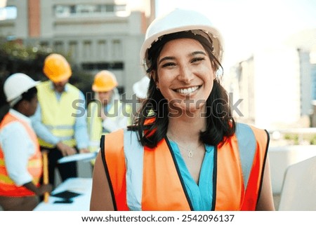 Architect, woman and happy in portrait outdoor on rooftop for city planning and building development project. Worker, face and smile on construction site for architecture and urban property expansion