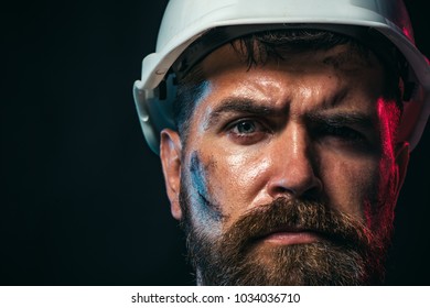 Architect, Worker, Engineer - Work. Industrial, Mechanical Worker. Business, Building, Industry, Technology - Builder Concept. Portrait Of Handsome Engineer. Construction Worker In Hard Hat. Closeup.