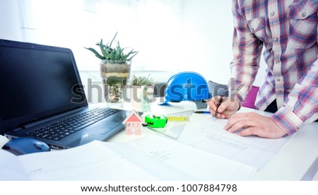 Architect Working Blueprint Office Unrecognizable Male Stock Photo