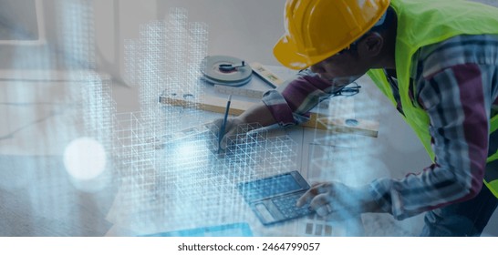 Architect working designing construction of architecture building technology, futuristic engineering  holographic tech, innovation blueprint design analyzing planning build. - Powered by Shutterstock