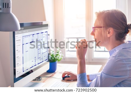 Architect working on computer software to design blueprint floor plan sketch of the construction project, architecture concept