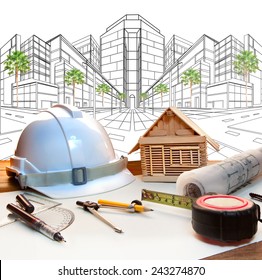 Architect Working Table And Two Point Perspective Modern Building Plan Use For Construction Engineering And Real Estate ,land Development Industry