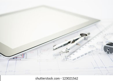 Architect Workplace. Tools And Tablet Computer