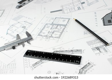 Architect Workplace Top View. Architectural Project, Blueprints And Engineering Tools. Construction Concept. Engineering Tools. Copy Space.