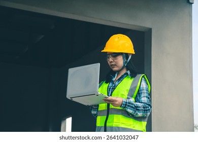 Architect works with digital construction plan and precise data during home inspection process.