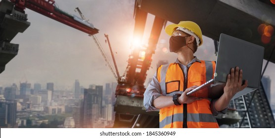 Architect,civil engineer holding laptop inspect and oversee infrastructure progress and security of city construction project. Industrial innovative technology and global construction solution concept