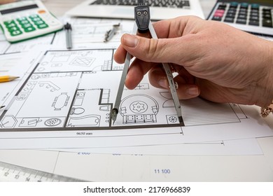 The architect-designer chooses and selects the color in the drawing of the design. Design studio concept - Shutterstock ID 2176966839